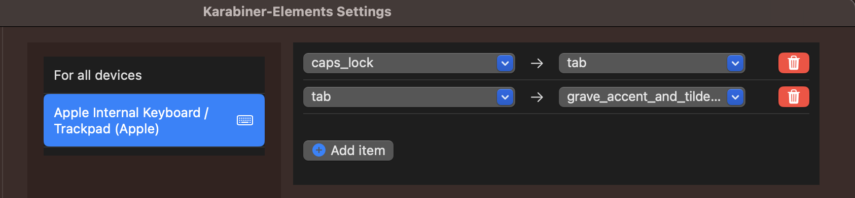 Screenshot of Karabiner-Elements settings showing that the caps lock key will not behave like a tab key and that the tab key will now behave like an accent grave key